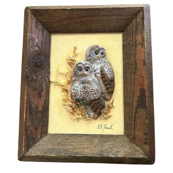 Vintage Other - Vintage Handmade Carved & Painted Wooden 3D Owl Wall Art Framed Artist Signed